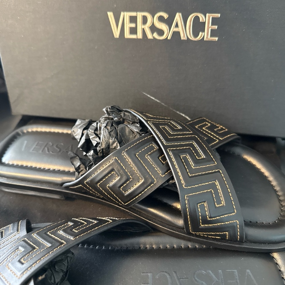 Versace Black and Gold Patterned Slides